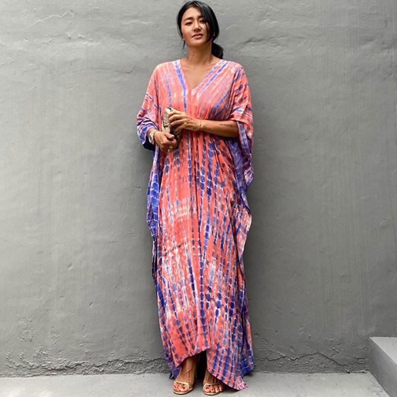 European & American Tie-dye Rayon Beach Dress: Loose, Long Seaside Vacation Robe & Bikini Cover-up with Sunscreen Shirt for Women