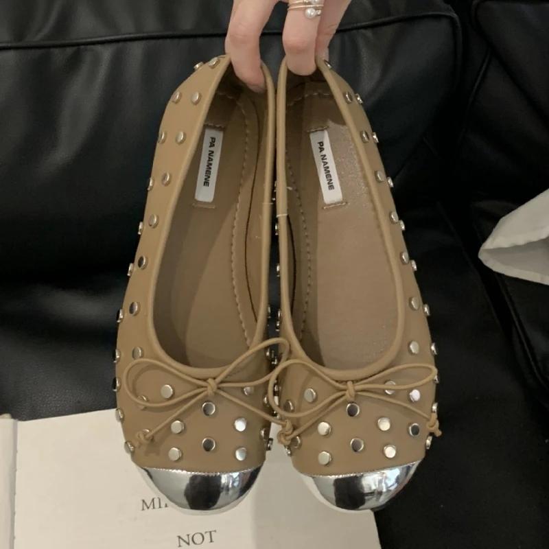 Fashion Fashion Metal Rivet Decoration Mary Jane Shoes Women Sweet Bow Round Toe Shallow Ballet Flats Comfortable Non-Slip Dress Shoes