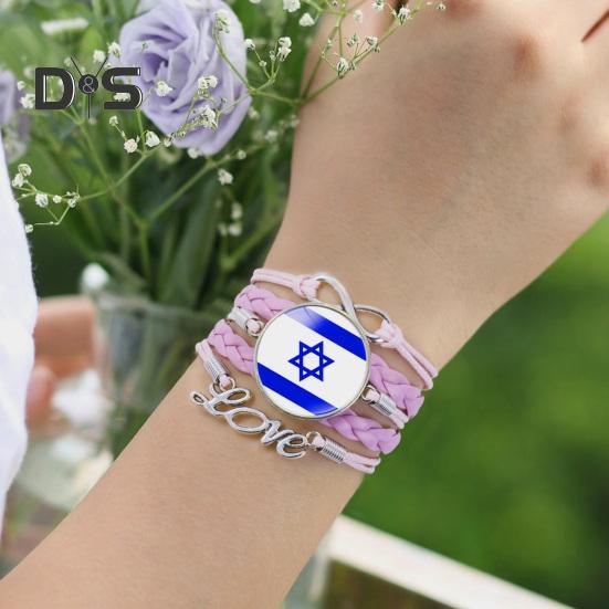 Round Israel Flag Decor Bracelet Multi Layer Adjustable Handmade Bracelet Metal Letter Decor Faux Leather Wristband Jewelry Gift