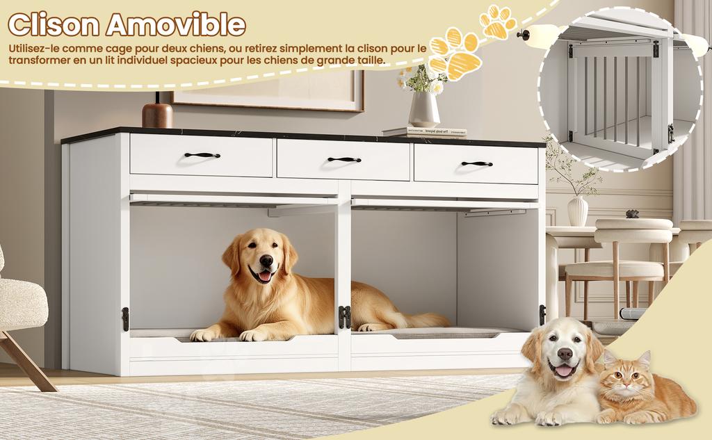 Holz-Metall Hundebox, für 2 Hunde, mit Schlossverschluss, Aufklappbare Tür, Herausnehmbare Trennwand, 3 Schubladen, Weiß & Schwarz, Übergröße, Maße 164×60×81 cm