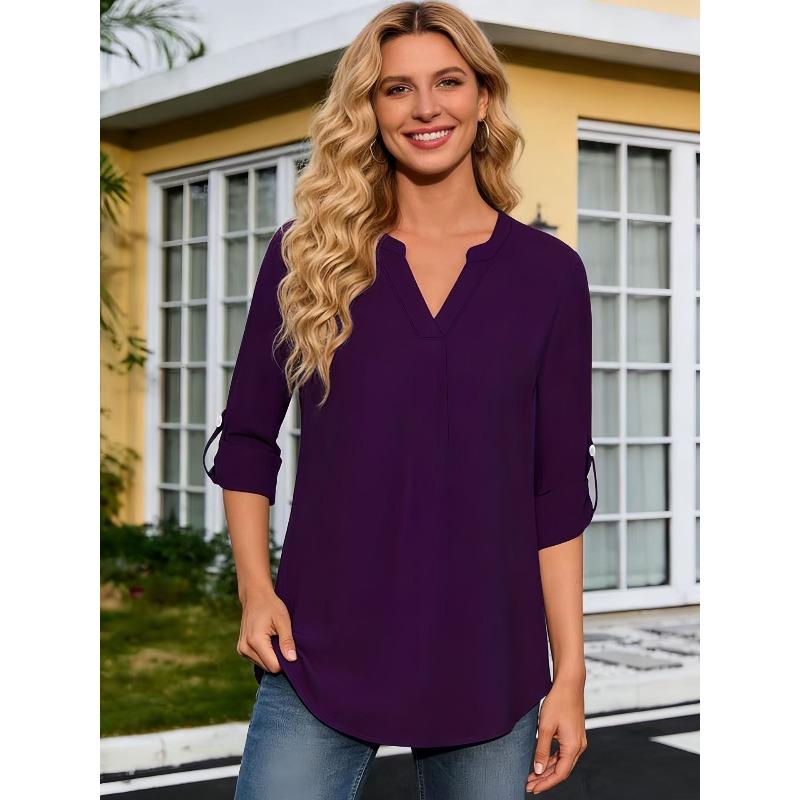 

women s Solid Color V Neck Roll Tab Sleeve Casual Regular Fit Blouse Tunic Shirt 2XL фіолетовий