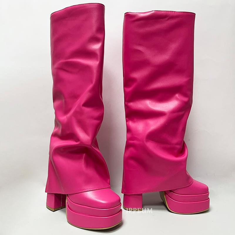 Fashion IPPEUM Fold Over Boots Women Orange Hot Pink Block Heel Knee High Plus Size 43 Platform Shoes y2k botas plataforma mujer