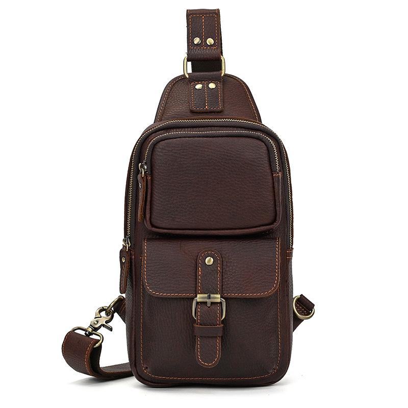 Vintage Crazy Horse Cowhide Leather Mens Chest Bag Retro Sports Casual Crossbody Sling Shoulder Bag Lightweight Outdoor Daily Bag for Men