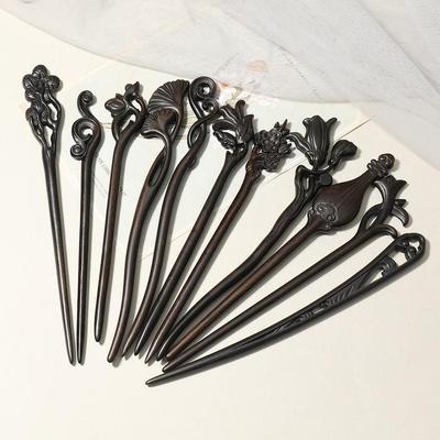 Finely Carved Ebony Sandalwood Hairpin - Ancient Chinese Hanfu Style Updo Accessory