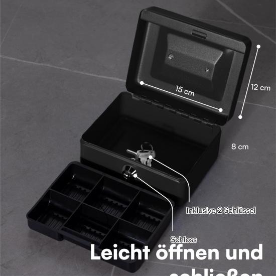 Petty Cash Tin Steel Money Safe Box with Lock 2 Keys - Black