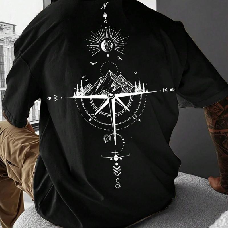 Simple Trendy Compass Graphic T Shirts For Men Fashion Summer Short Sleeve Crew Neck Tshirts Casual Oversized Streetwear Tees