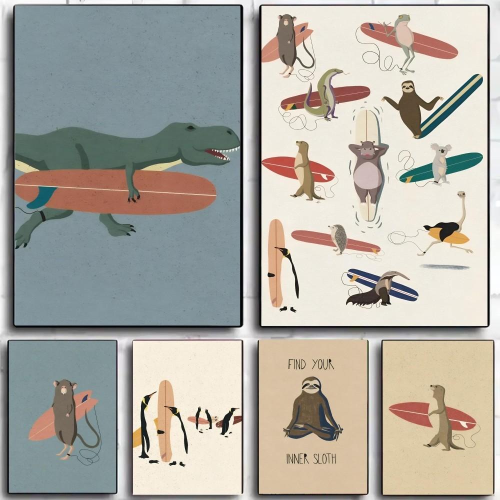 1pc Surfing Animals Vintage Cartoon Sloth Frog Racoon Zebra Poster HD Posters Home Room Bar Cafe Decor Art Wall Painting Picture