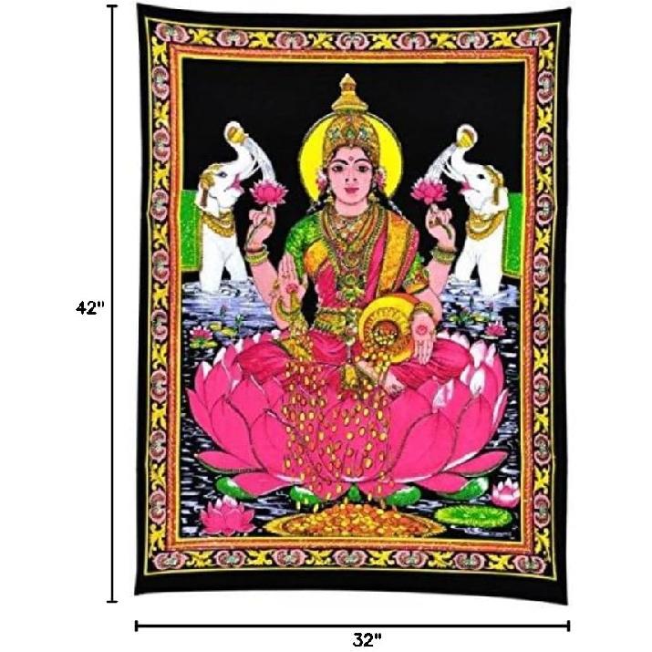 Maa Lakshmi Goddess of Wealth & Prosperity - Cotton Tapestry, Traditional Cotton Print-Tapestry 40" x 30" Inches Wall Hanging Decor (Mata Lakshmi)