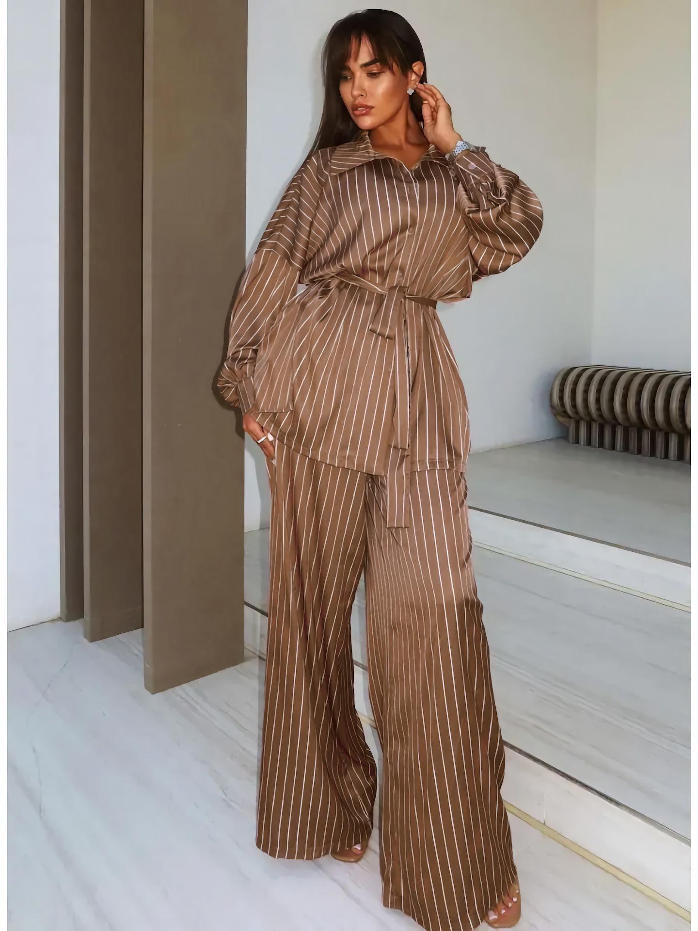

French Style Women s Striped Casual Wear Set - Wide-Leg Pants One Size