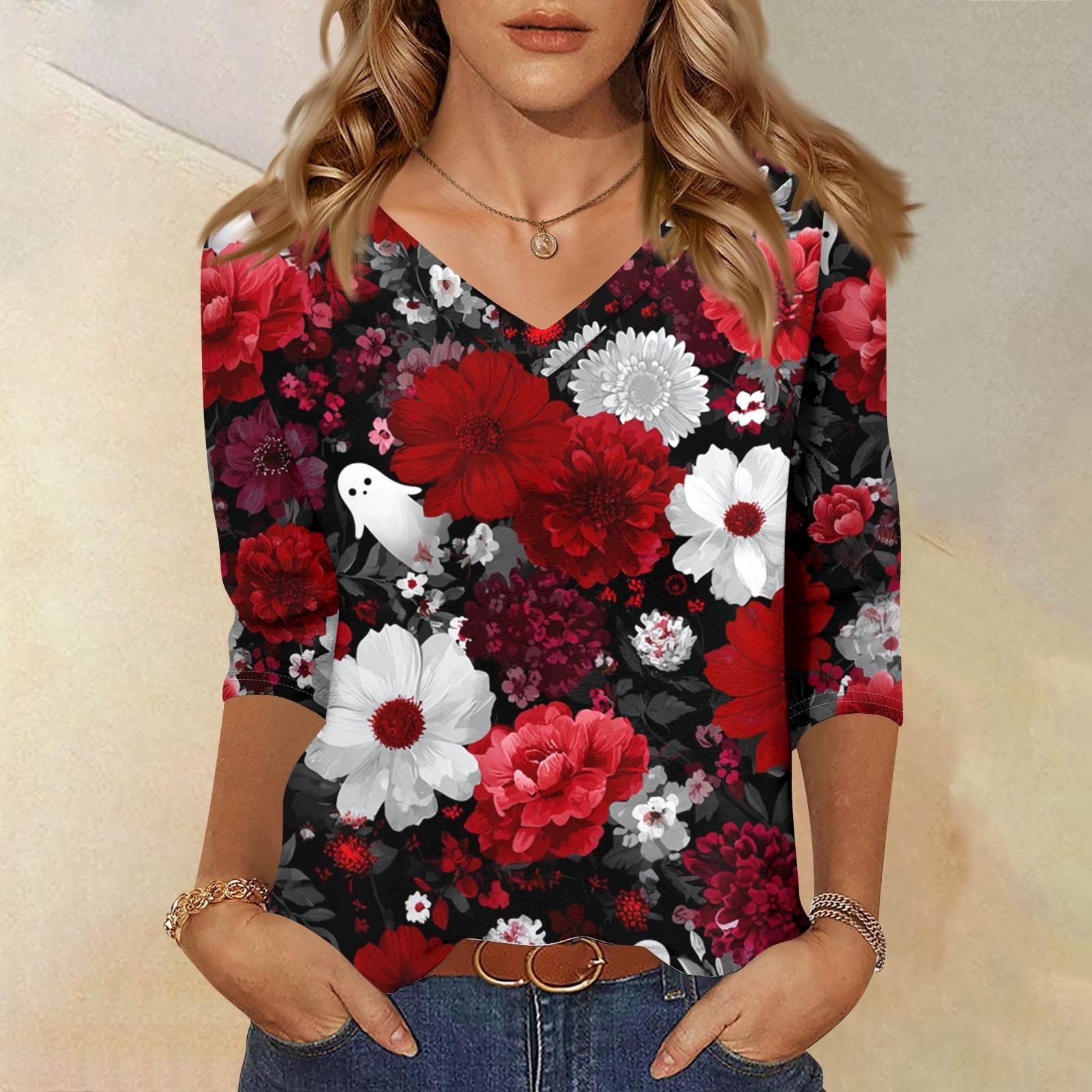 

Женские топы Рубашка с рукавом три четверти V-образный вырез Свободная повседневная рубашка Футболка с принтом L красный