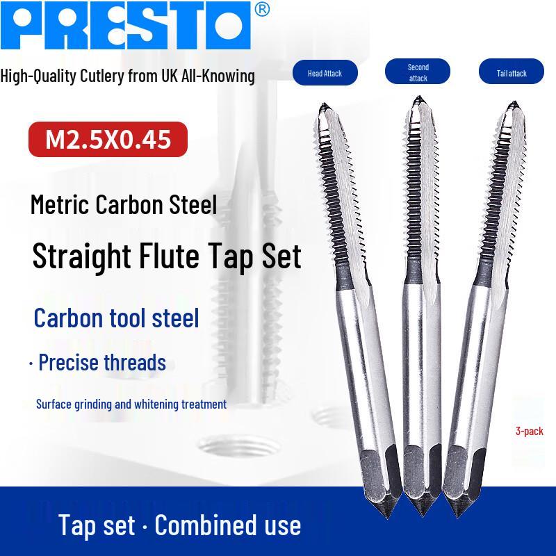 PRESTO M2.5x0.45 Carbon Steel Straight Flute Hand Tap Set