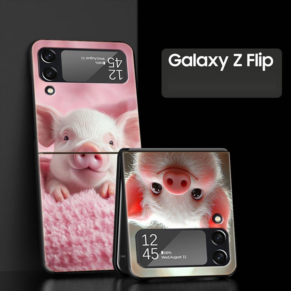 Cute Pig Hard PC Phone Case For Samsung Galaxy Z Flip 7 6 5 4 Black Cover For Galaxy Z Flip 3 Foldable Shell Fundas Capas Coque