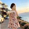 French retro high-end one-word shoulder floral dress, summer new bow off-the-shoulder waist and thin skirt