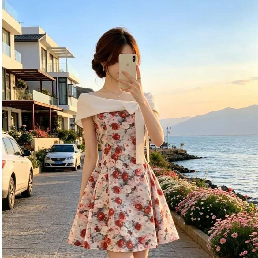 French retro high-end one-word shoulder floral dress, summer new bow off-the-shoulder waist and thin skirt