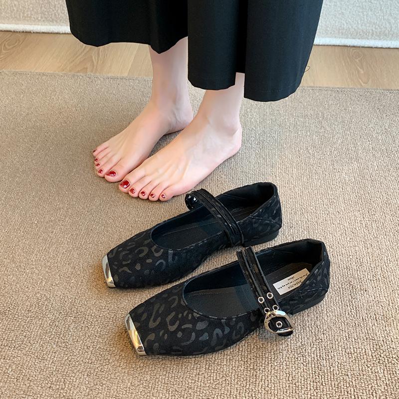 Fashion Studded One Strap Low Heel Shoes New Square Toe Shallow Mouth Leopard Suede Single for Autumn