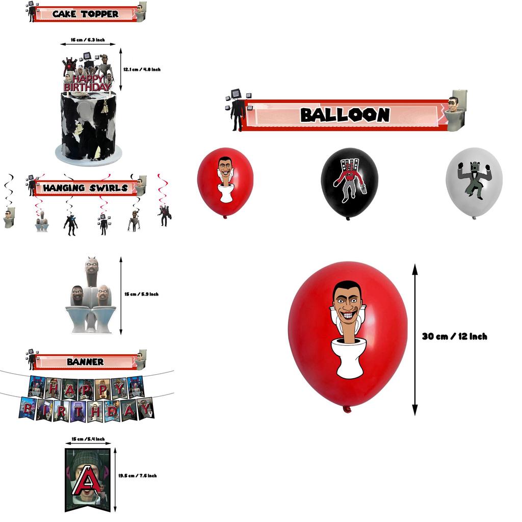 Skibidi Toilet Theme Birthday Party Decoration Kit Monster Birthday Cake Topper Paper Flag Balloons And More!