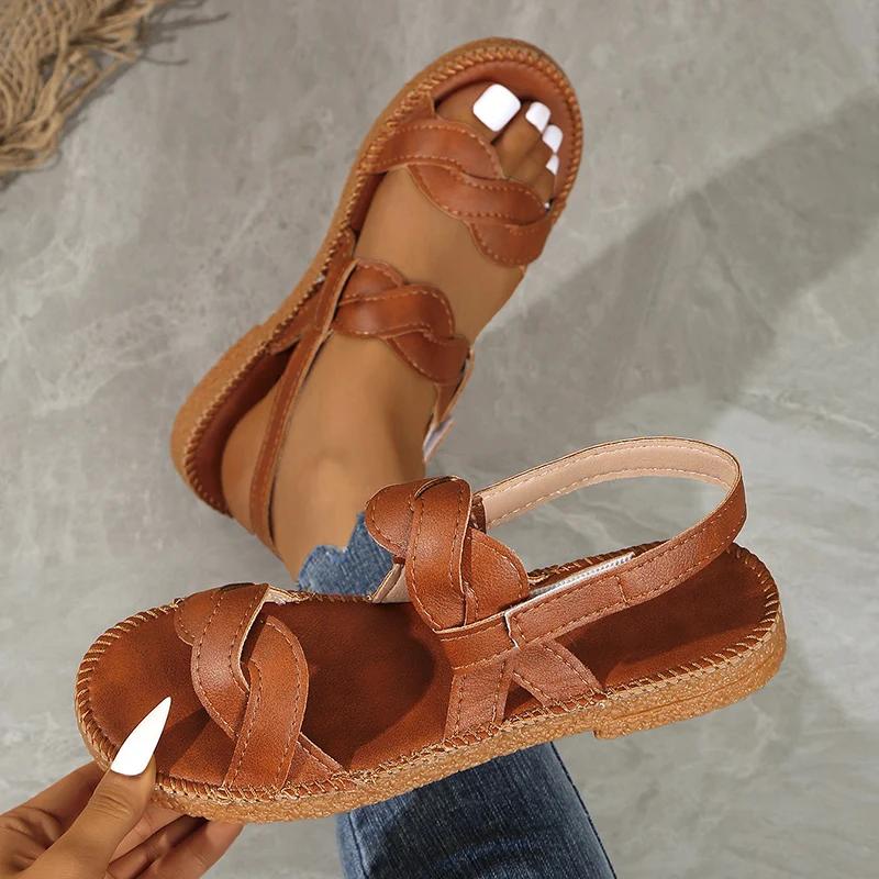 Fashion Summer Beach Flat Heels Sandals Women Plus Size 43 Woven Band Non Slip Rome Shoes Woman Back Strap Pu Leather Sandalias De Mujer