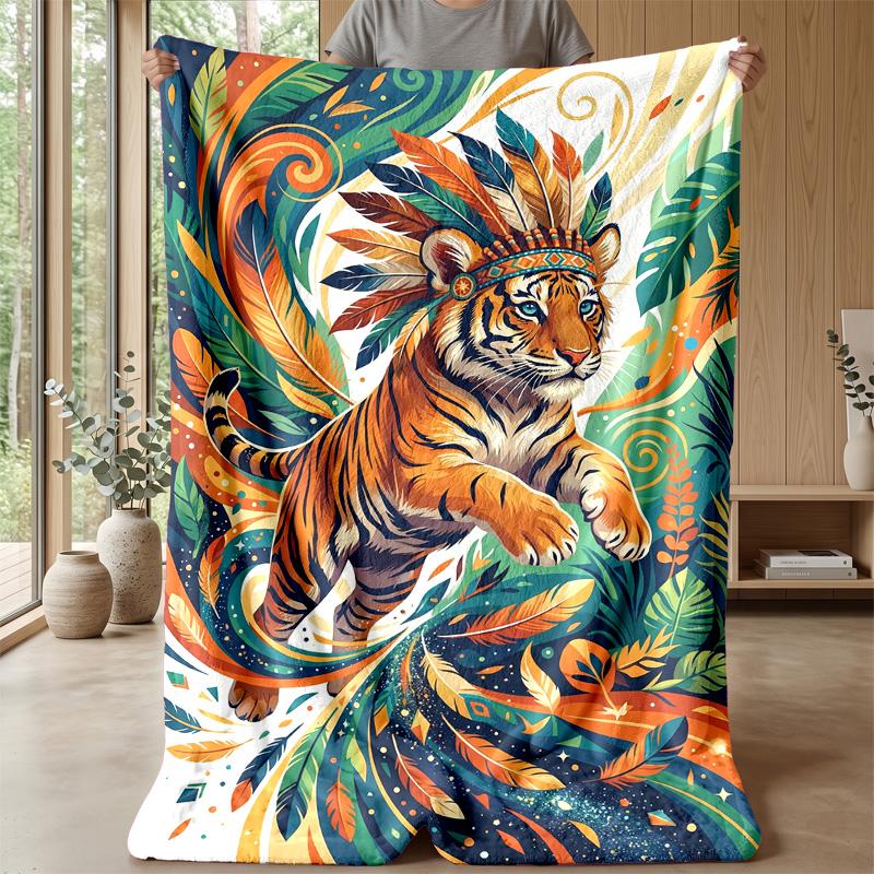 Tiger Spirit Energy Theme Blanket Lightweight Warm Flannel Blanket Decorative Throw Blanket for Home Decoration