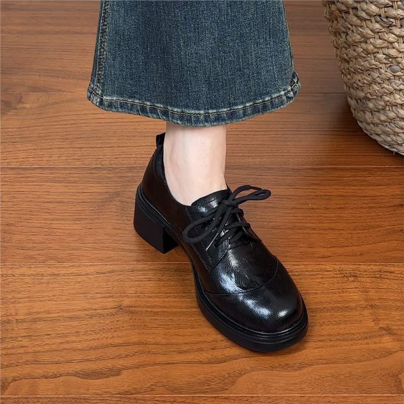 Craftsman Single Shoes Thick Lace-up Women's British Round Head Heel New Mid-autumn Leather Shoes Heel Loafers