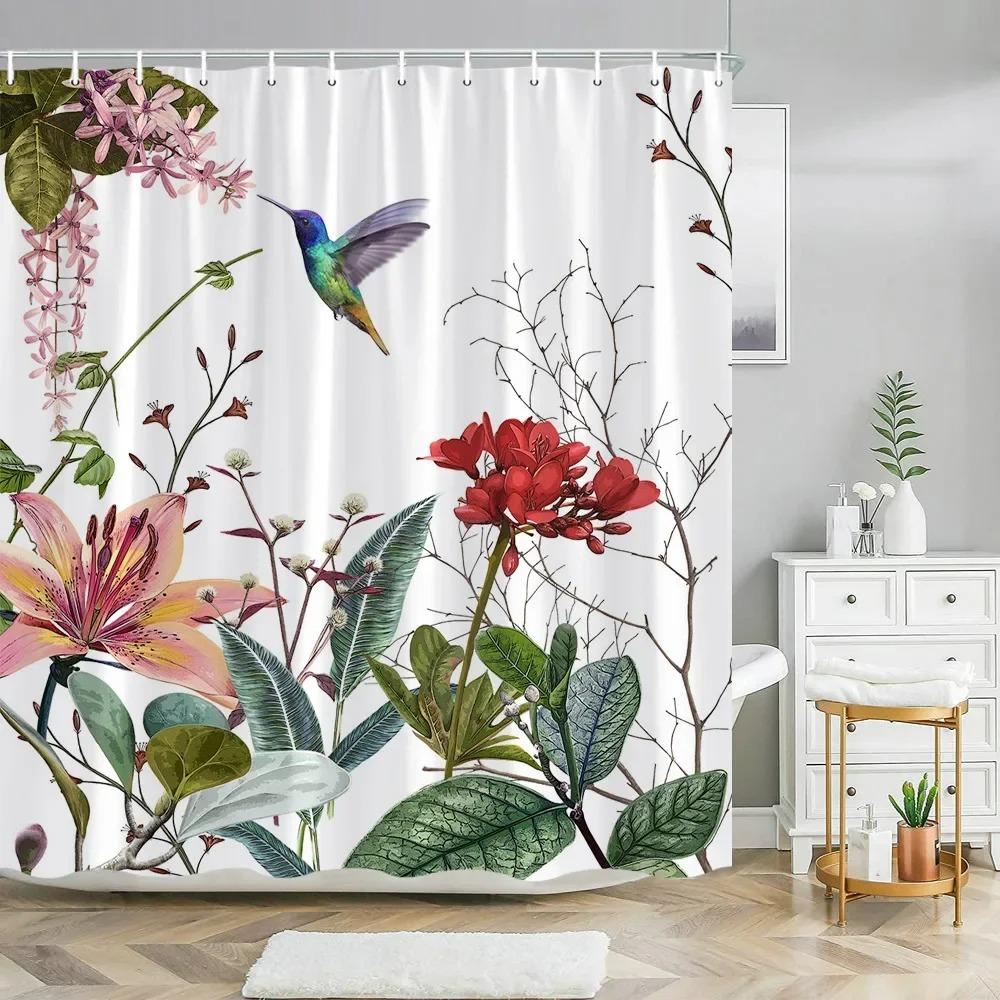 Botanischer Floral Duschvorhang Grünes Blatt Kolibri Tropische Naturlandschaft Polyesterstoff Duschvorhänge Badezimmer Dekor