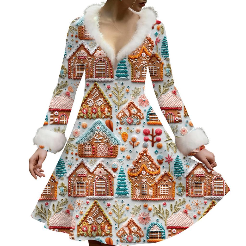 Women's Casual V-neck Christmas Print Plush Long-Sleeve Casual Dress