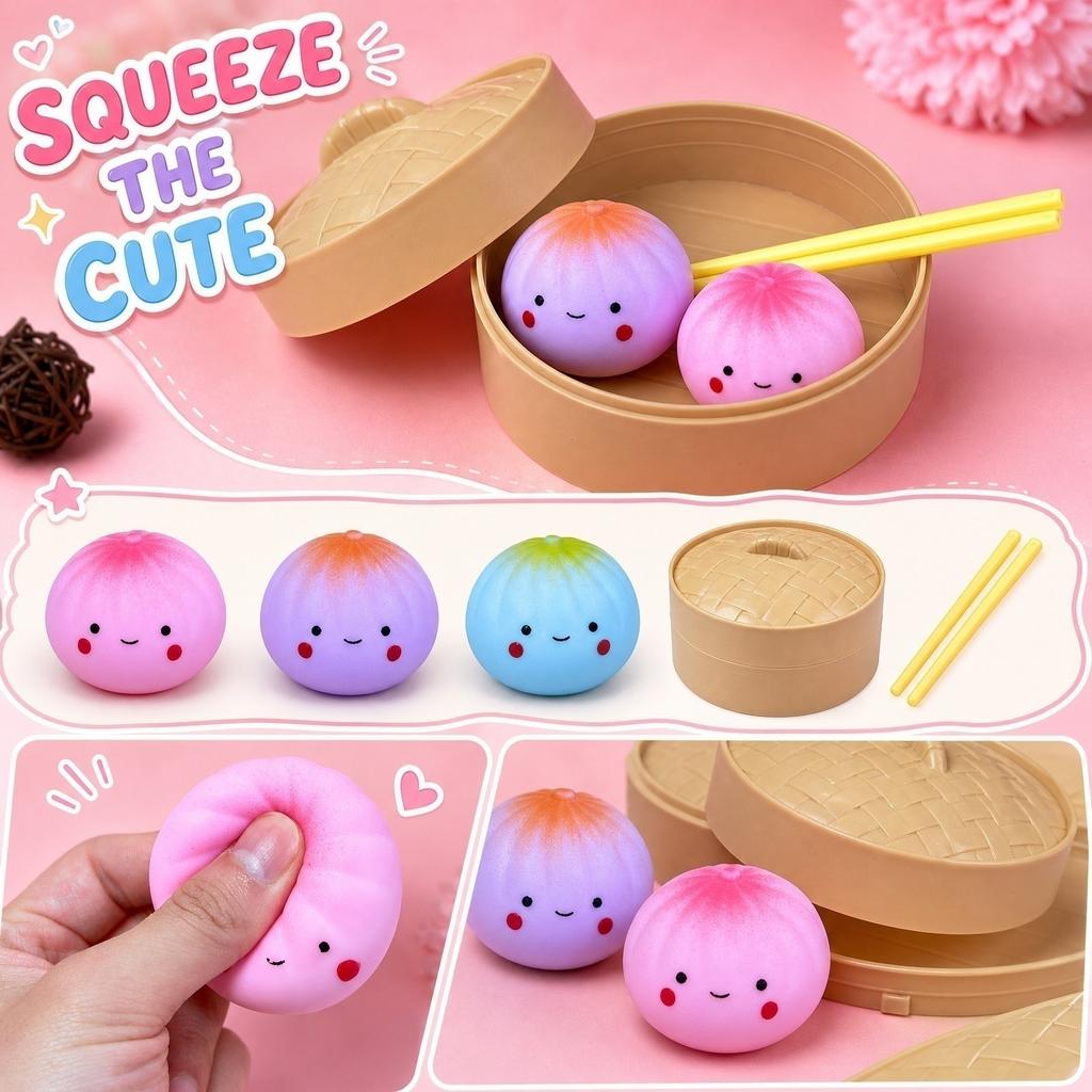 Stress Relief Toy Set Includes Two Soft Squeeze Dumpling Toys with Bamboo Steamer Container and Chopsticks for Sensory Play and Anxiety Reduction