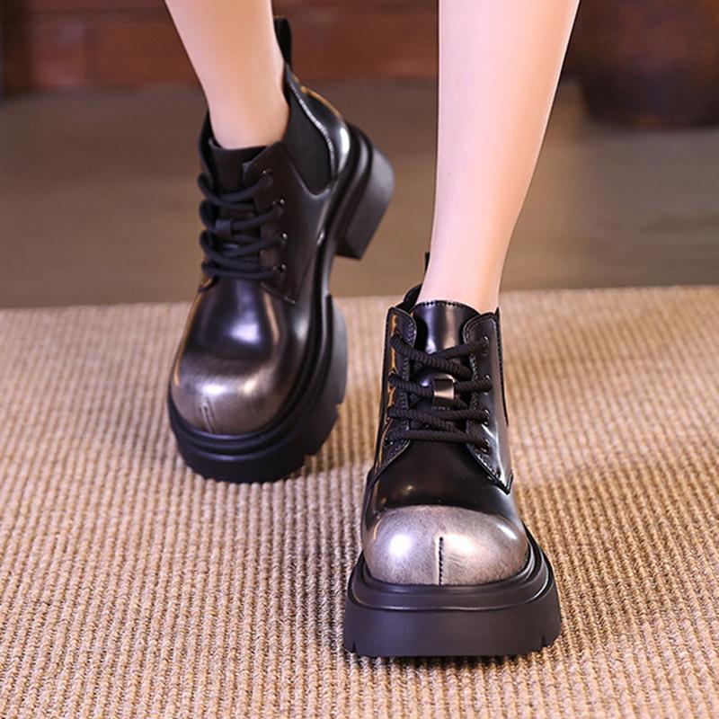 Fashion Autumn Boots for Women Genuine Leather Retro Ankle Boots Thick-Soled Heightened Tooling Women High-Top Zipper Boots