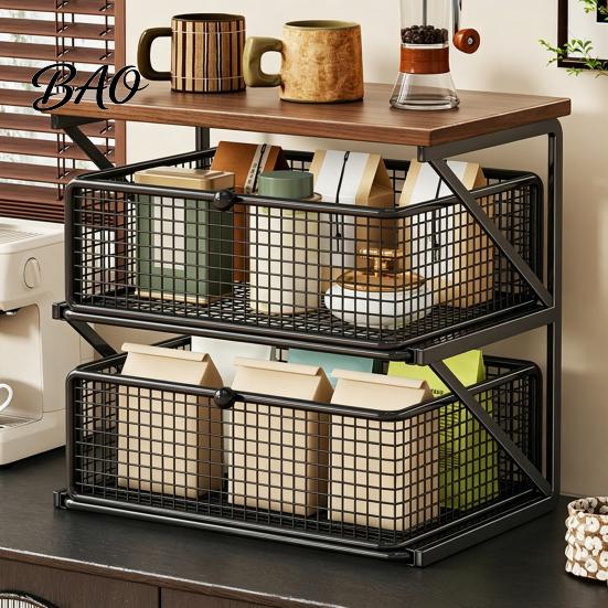 Coffee Station Organizer with Drawer, Tiered Bar Organizer, Wooden Top Shelf, Accessories Wire Mesh Drawers for Tea Bags, Capsules, Office Desk,