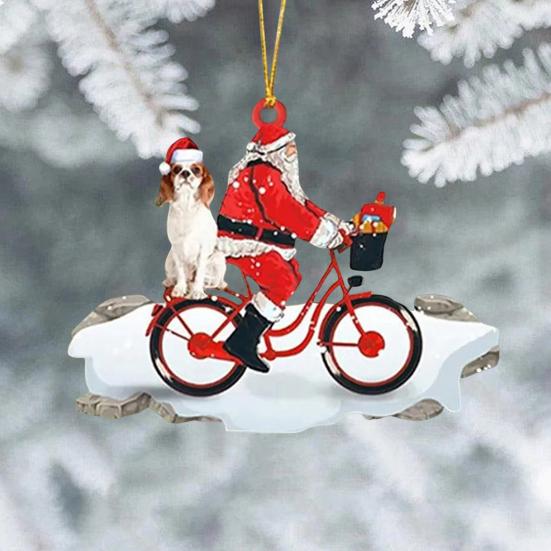 Santa Riding A Bicycle with A Dog Ornament Cute Acrylic Santa