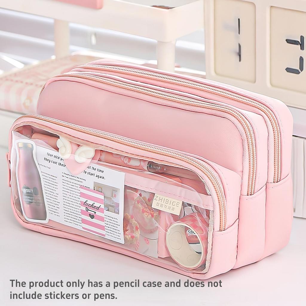 Large Light Color Multi-Compartment Pencil Case Durable with Clear Window Portable Cosmetic Bag for Stationery