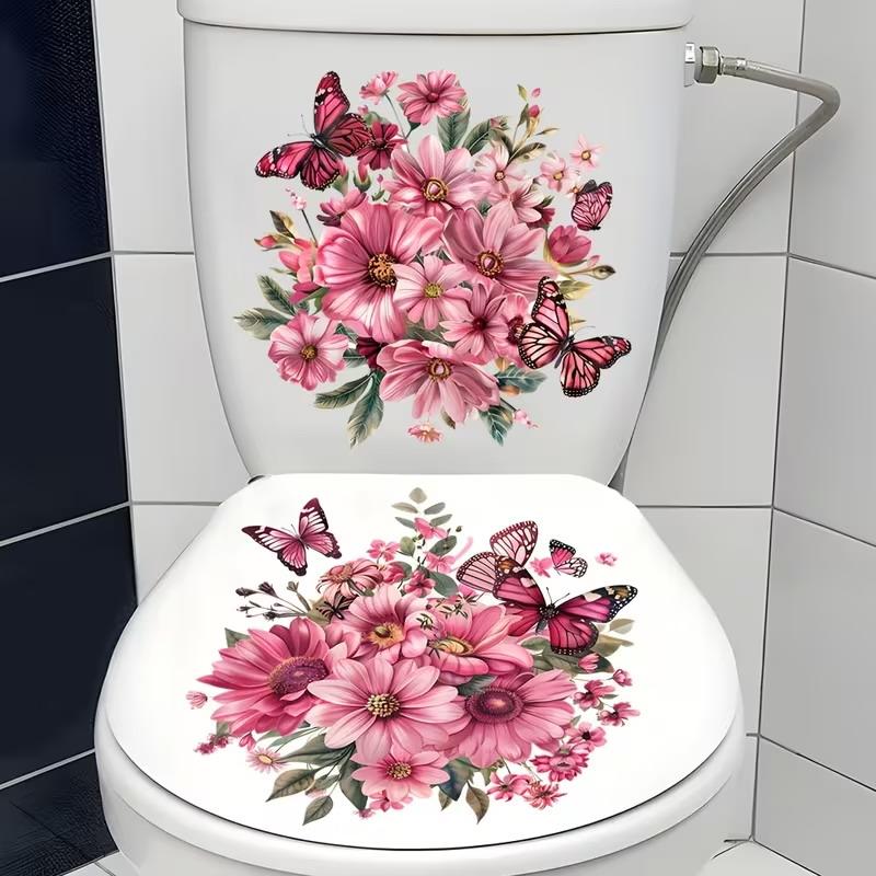 Floral Toilet Lid Sticker Waterproof DIY Friendly Peel and Stick Decal for Bathroom Wall Restroom Home Decoration
