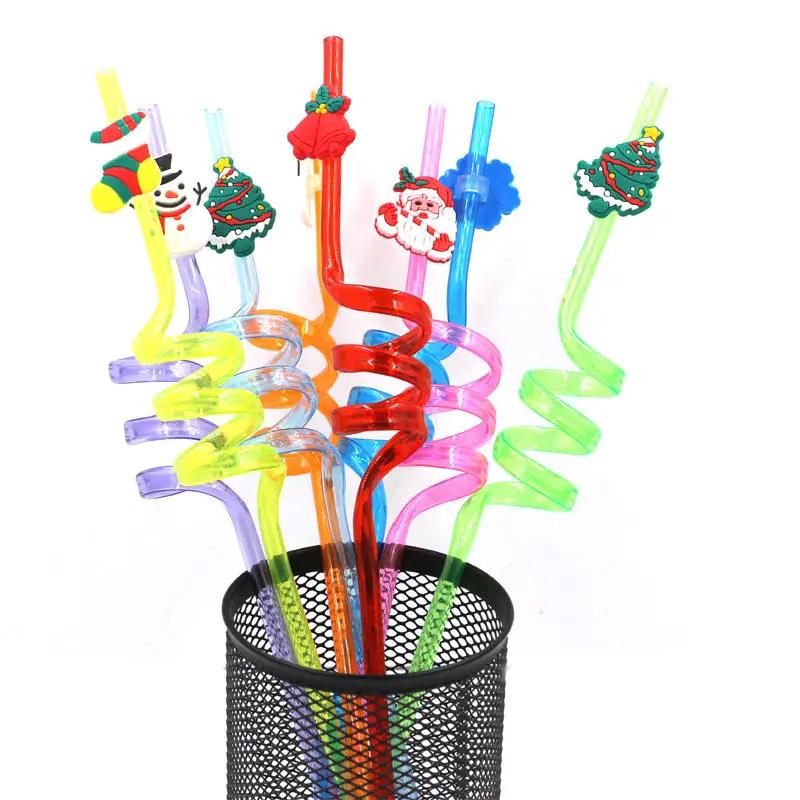 10-30PCS Christmas Party Straws Pvc Cartoon Santa Claus Snowman Personalized Straws Holiday Party Decoration Recyclable Straws