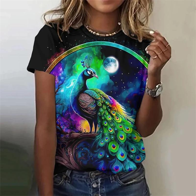 Fashion Retro Peacock Feather 3D Print Woman Harajuku Personality Short Sleevet Colorful O-neck Tops