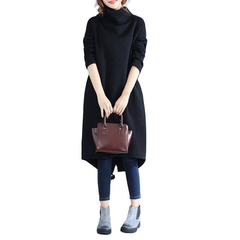 Vestido de Algodón y Lino con Forro Polar de Talla Grande Estilo Étnico 2017 con Cuello Alto