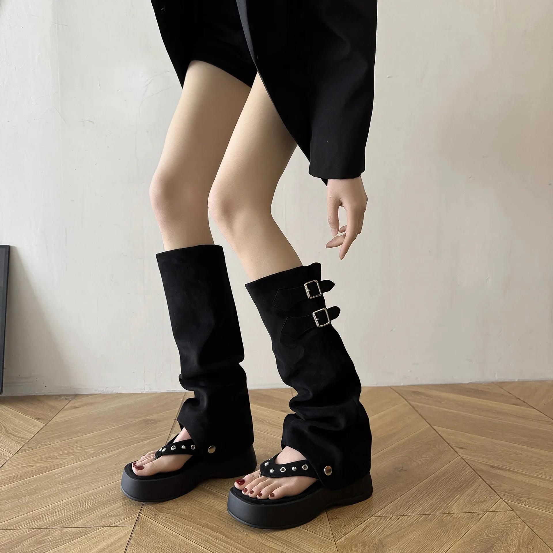 

Женские ботинки-чулки с высоким голенищем, летние уличные сандалии на толстом каблуке, осенне-весенние, с квадратным носком, подкладка из полиуретана, резиновая подошва 40 чёрный