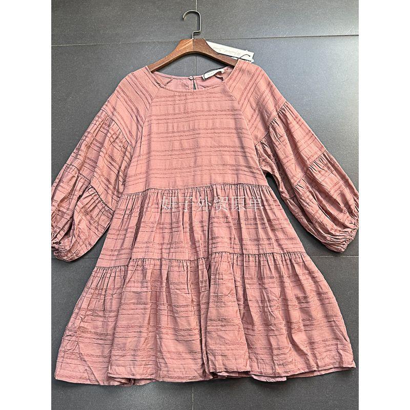 Export Single Mustards **D Los Angeles Plaid Soft Distressed Lotus Root Pink Half Sleeve A- line Loose Dress