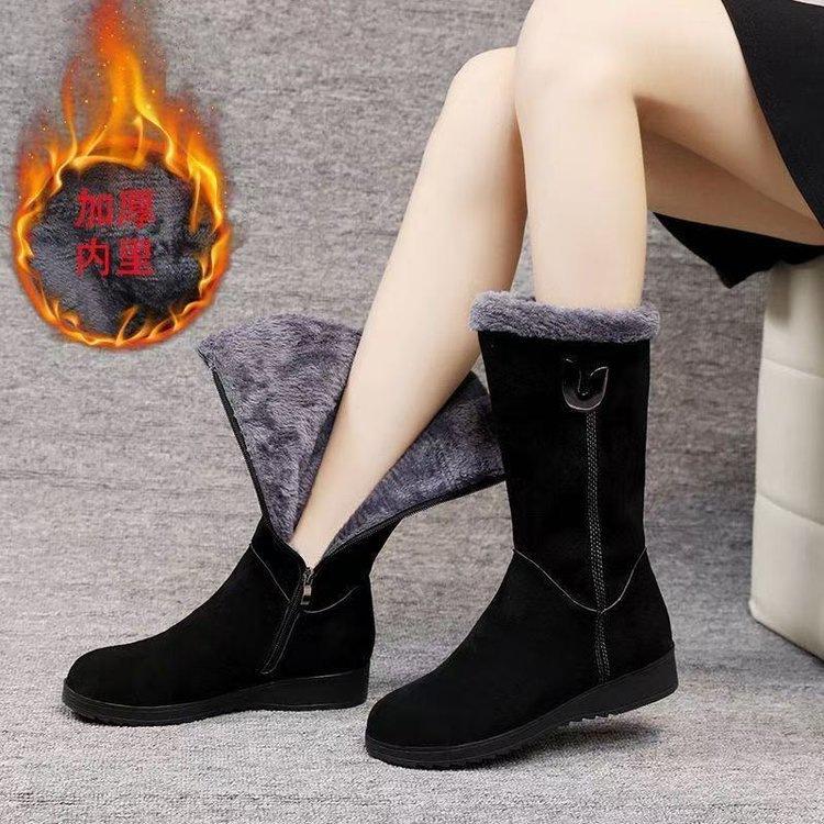 Winter Non-slip Warm Snow Boots New Medium Tube Martin Boots Piled Thickened Flat Bottom Side Zipper Cotton Shoes