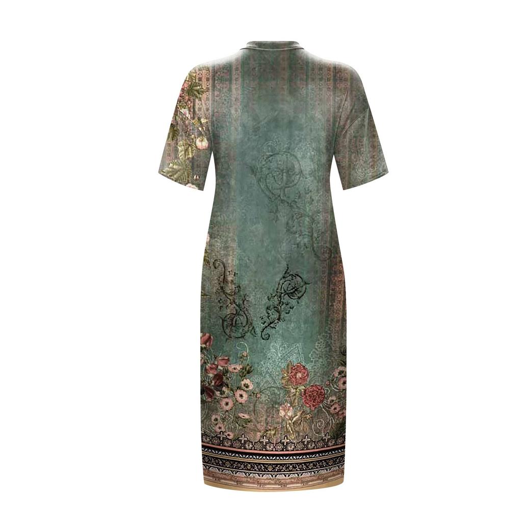 Women's Summer Plus Size V Neck Short Sleeve Knee Pocket Retro Flower Print Casual Dress