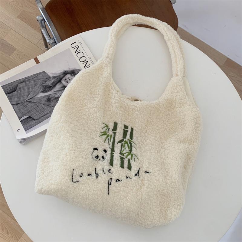 

1101 Winter plush embroidered vest bag large capacity shoulder bag simple and cute red panda hand bag