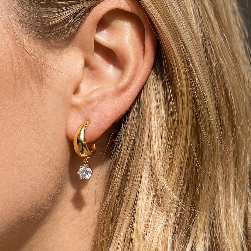 Round Zircon Drop Earrings for Women Minimalist C Shape 18K Gold PVD Plated Stainless Steel Earrings Fashion Jewelry Gift
