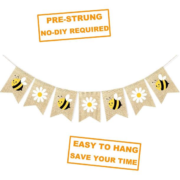Bumble Bee Banner Burlap with Daisy Flower Bunting Happy Bee Day Decorations Garland Bumblebee Party Decorations for Baby Shower Birthday Supplies
