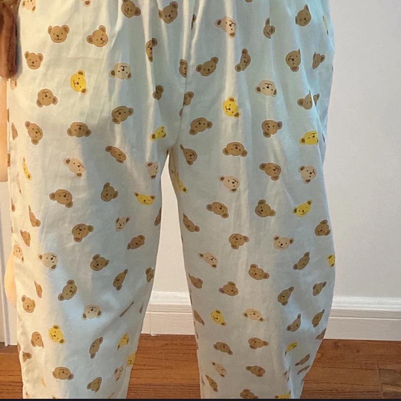 Søte tegneseriebjørn pyjamasbukser for kvinner - Løse, avslappede vår/høstbukser