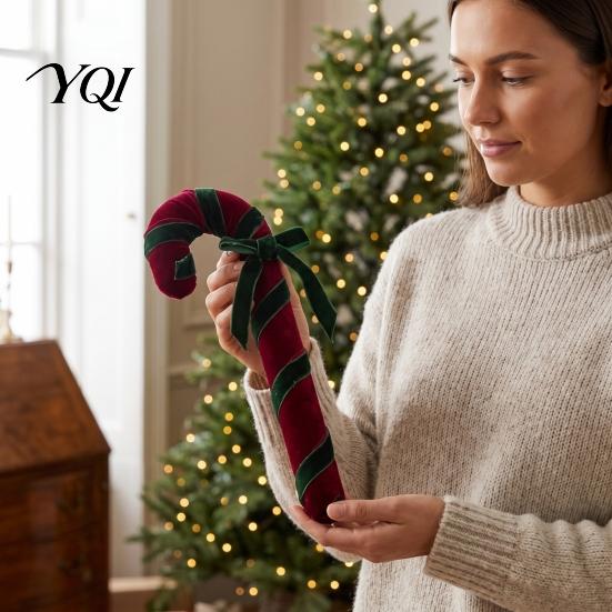 Reusable Holiday Party Pendant Velvet Christmas Candy Cane Ornament, Fabric Decoration with Retro Ornaments Bow, Xmas Tree Hanging Decor for Pendants