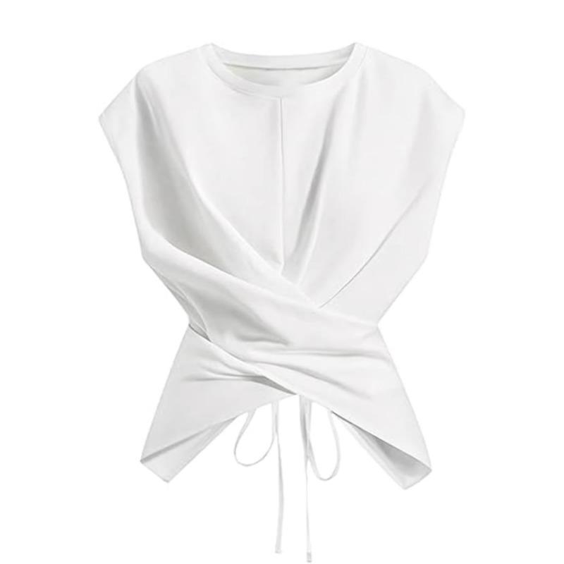 

Women White Crew Neck Sleeveless Criss Cross Tie Waist Fitted Casual Blouse XS