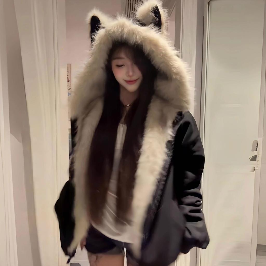 Black Fur Collar Padded Cat Ear Jacket Men's and Women's Autumn and Winter Thickened Couple's Cotton-padded Clothes Cotton-padded Clothes