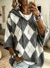 Autumn/Winter Diamond Plaid V-neck Hooded Women's Sweater - European & American Casual Knitwear.