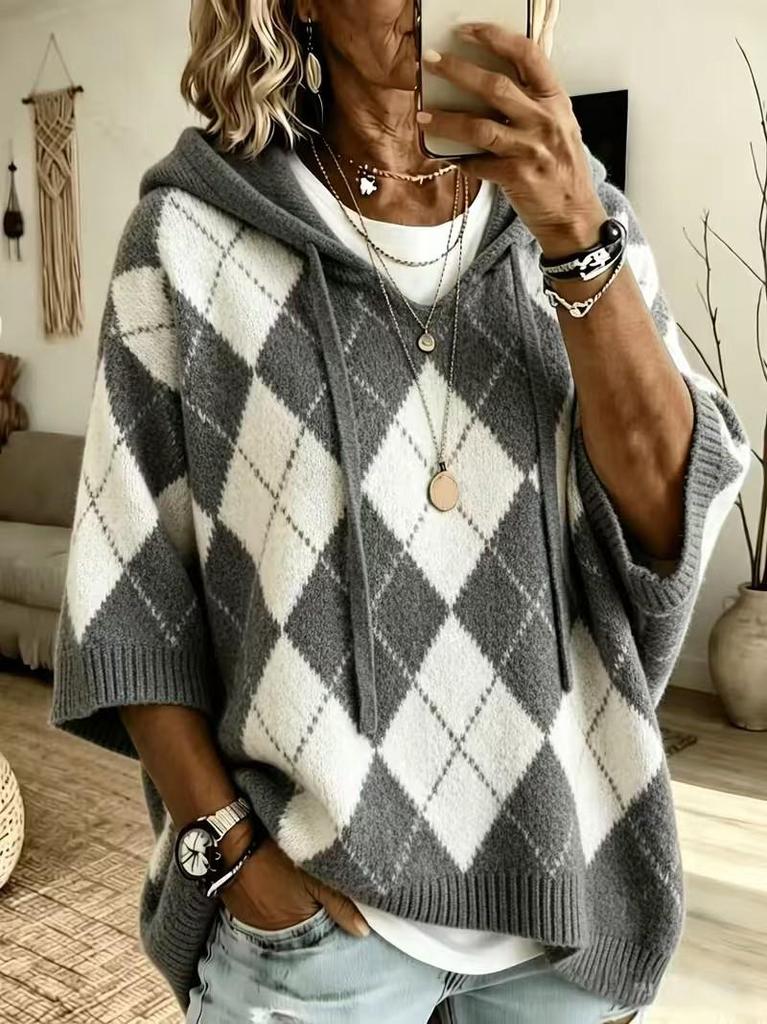 Autumn/Winter Diamond Plaid V-neck Hooded Women's Sweater - European & American Casual Knitwear.