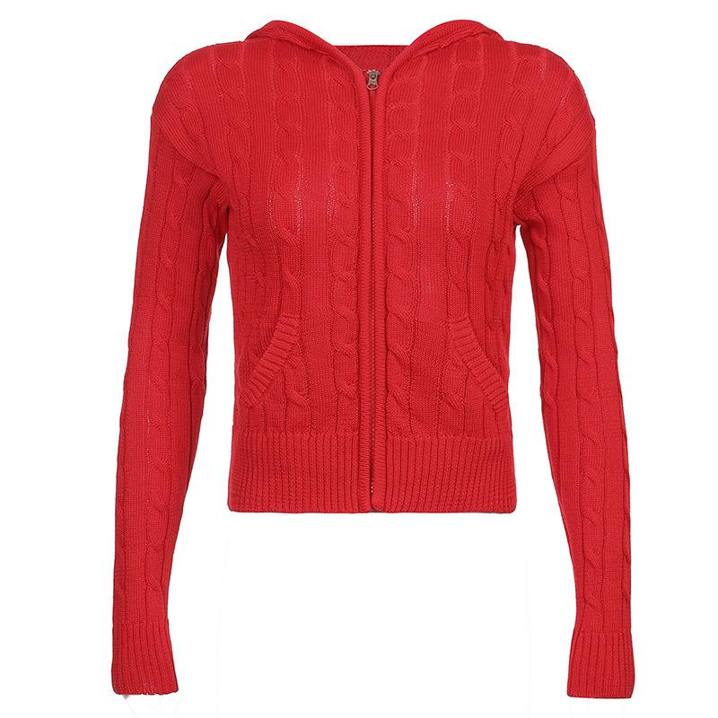 Autumn and Winter Warm Hooded Zip Cardigan Pockets Solid Colour Jacket Short Temperament Top for Women