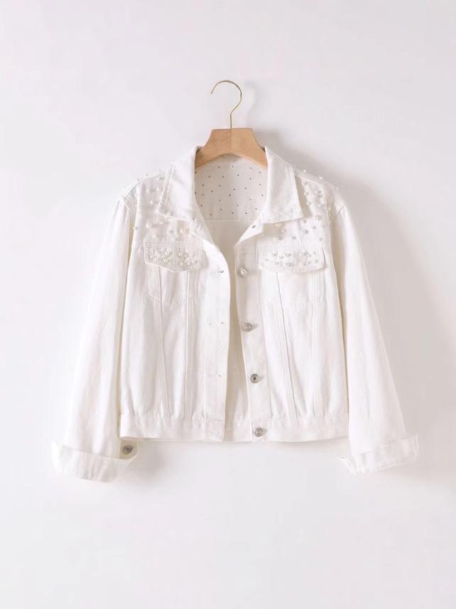 Women's Beaded Pearl Short Denim Jacket - Loose Fit for Spring/Autumn 2025