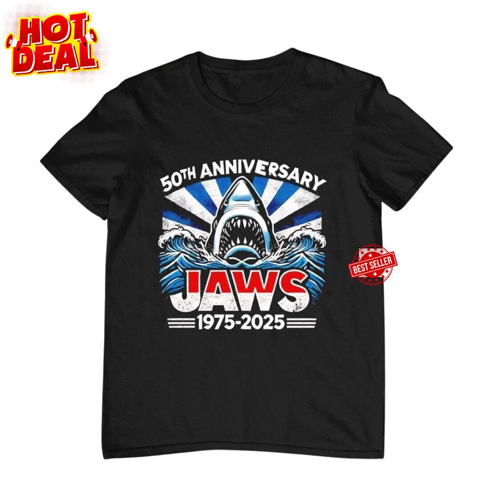 50th Anniversary Shark Attack 1975-2025 Shirt | Retro Ocean Horror Movie Tee Unisex T-Shirt L